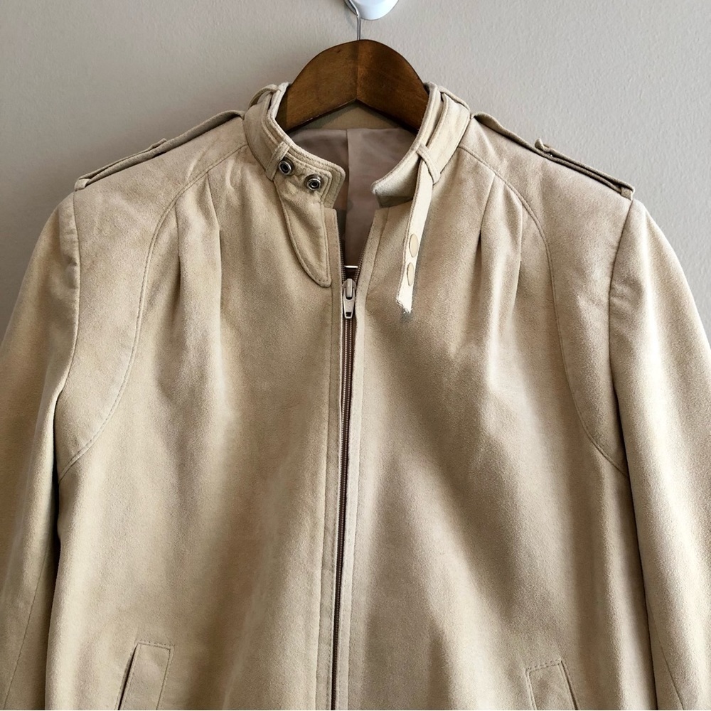 Vintage Olympic Faux Suede Bomber Jacket Tan Cream Size 6 - Picture 3 of 13